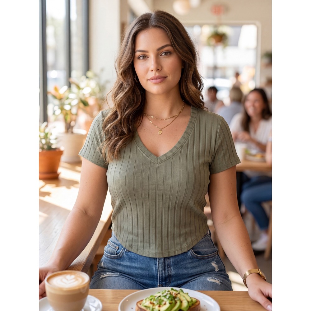Bozzolo Womens Olive Green Ribbed V-Neck Short Sleeve Crop Top Large RT72069‎